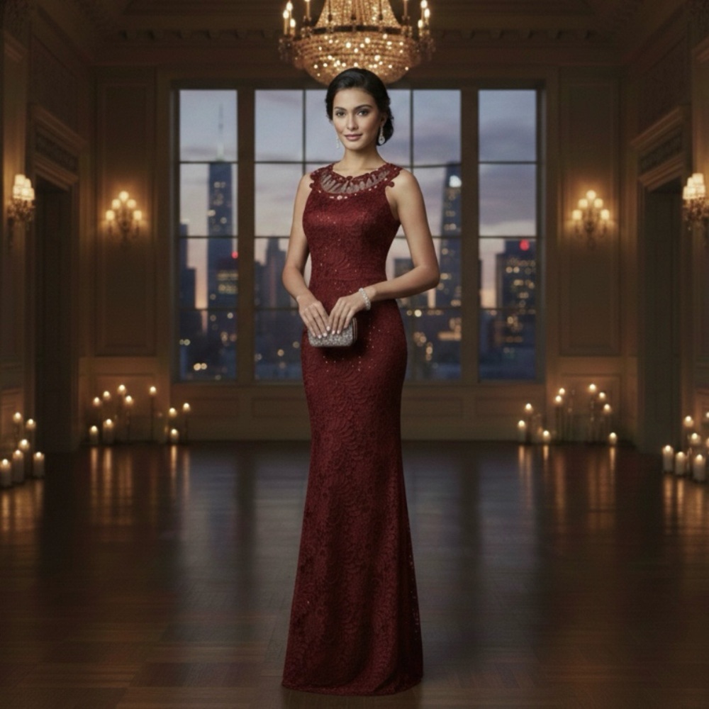 La Scala Burgundy Lace and Sequin Gown | Size: M